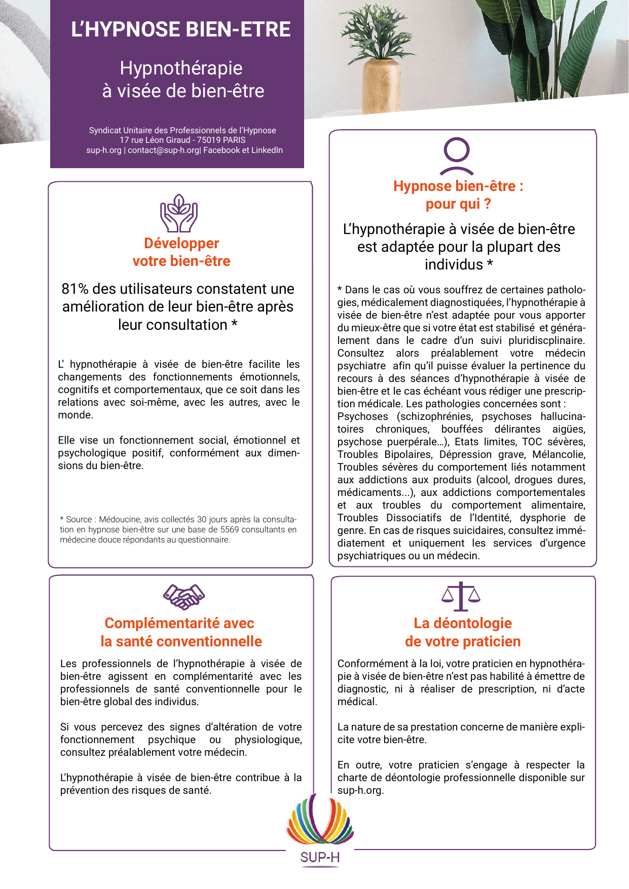 Affiche SUP'H : L'Hypnose Bien-Être, hypnose et hypnothérapie à visée de bien-être