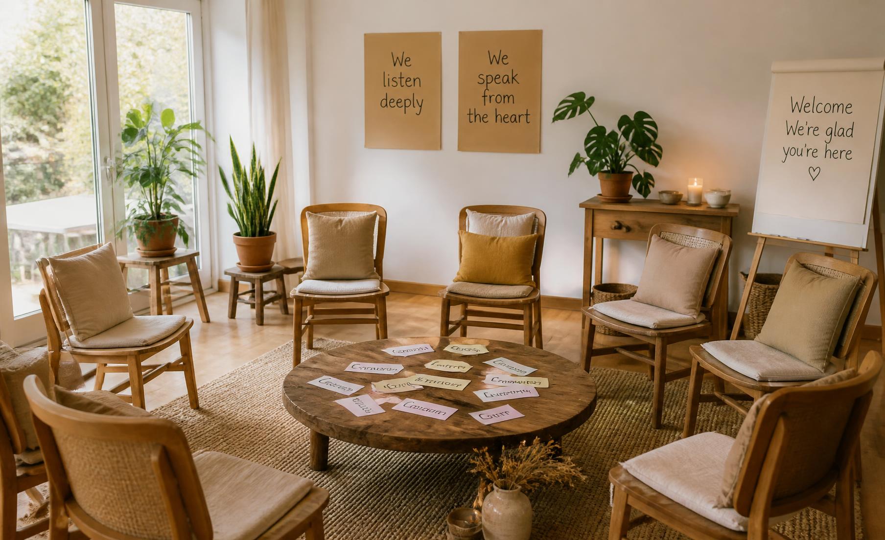 Salle claire disposée en cercle pour un atelier de groupe