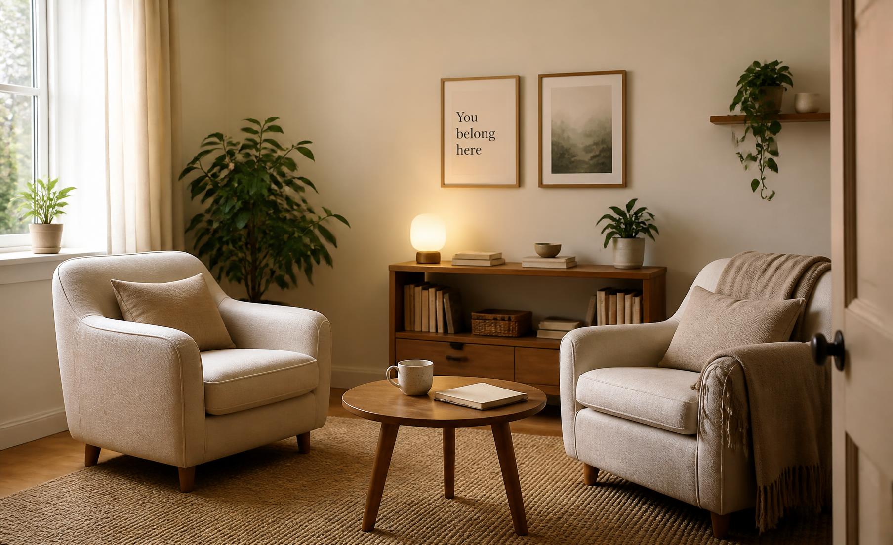 Intérieur clair du cabinet : fauteuils, plantes et matières naturelles